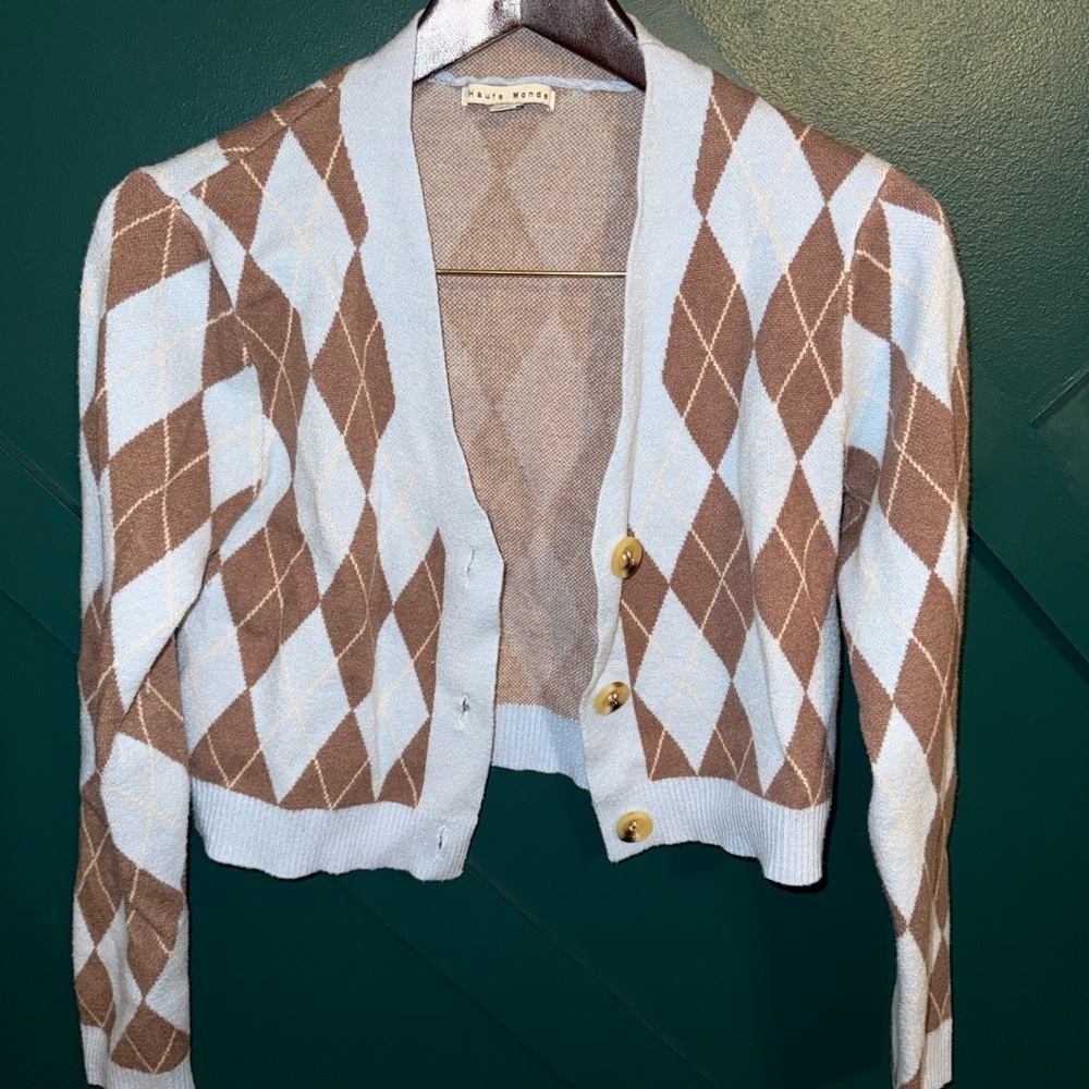 Haute Monde Brown and Cream Argyle Cardigan